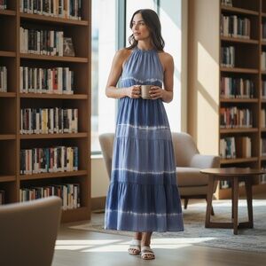 NWT BELLA DAHL Sleeveless Tiered MIDI Dress in Indigo Stripe!